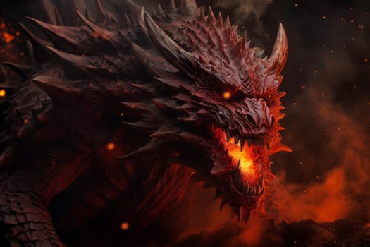Red dragon fantasy fire. Animal wings. Generate Ai