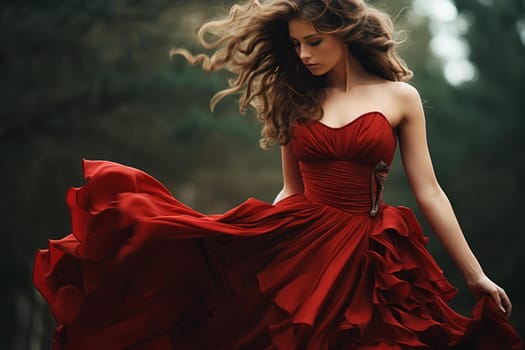 Brunette model red love dress. Evening girl. Generate Ai