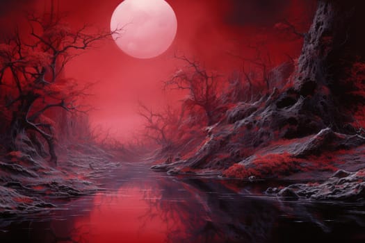 Red fantasy landscape. Star night. Generate Ai