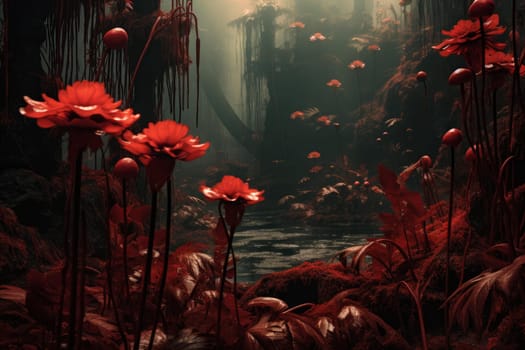 Red flowers dark jungle. Color beauty. Generate Ai