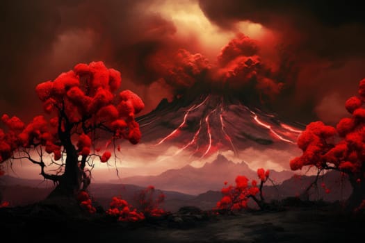Red flowers volcano. Fauna beauty. Generate Ai