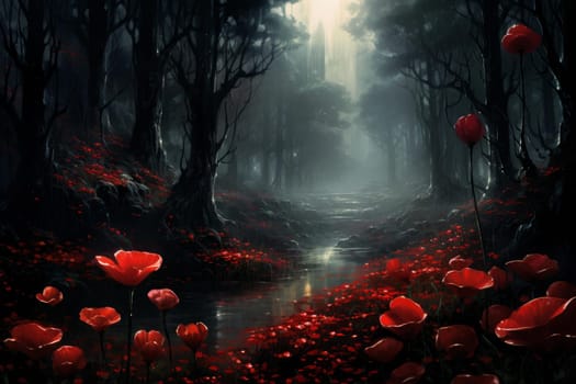 Red flowers jungle. Tropical nature jungle. Generate Ai