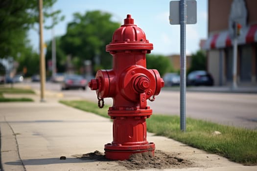 Red fire hydrant. Red safety plug equipment pressure. Generate Ai