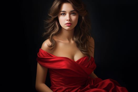 Red dress portrait. Girl elegant. Generate Ai