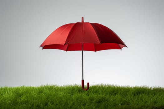 Red umbrella green grass. Rain park grass. Generate Ai