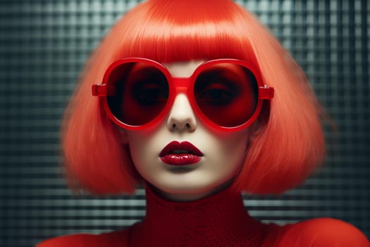 Woman red glasses future. Color wear style. Generate Ai