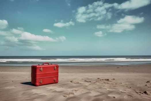 Red suitcase beach. Open tourism. Generate Ai