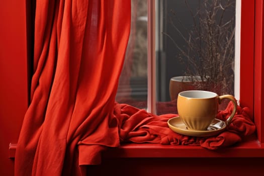 White mug scarf window. Tea winter. Generate Ai