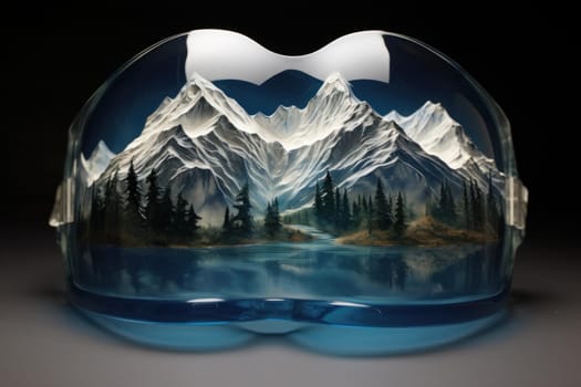Mysterious Reflexion mountains mask light. Tourist freeze. Generate ai