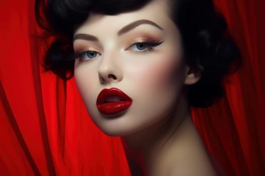 Red lipstick model. Shadow smile. Generate Ai