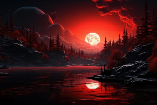 Red lake fantasy landscape. Cosmos view. Generate Ai