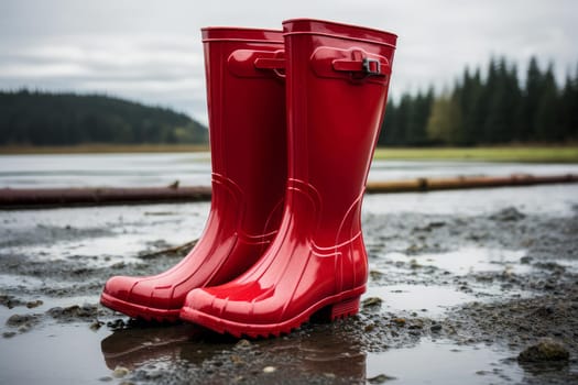 Red rubber boots. Person work autumn. Generate Ai