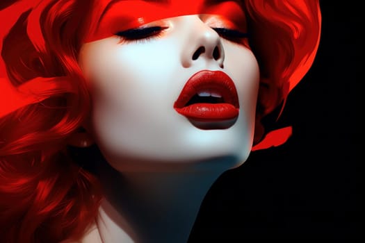 Red sexy lips art. White woman face. Generate AI