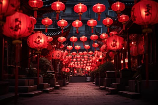 Red chinese lantern street. Festival culture. Generate Ai