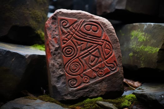 Red empty board on stone wall. Texture vintage retro old surface. Generate Ai