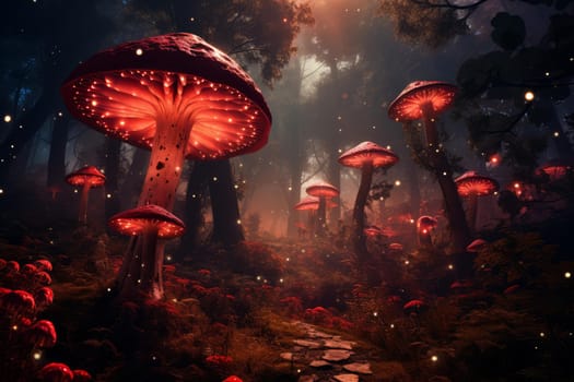 Red toadstool mushroom forest. Toxic fungi. Generate Ai
