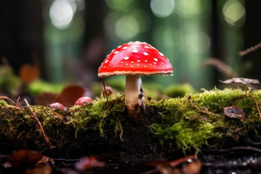 Red toadstool mushroom danger. Season moss. Generate Ai