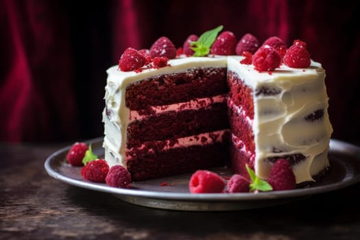 Red velvet cake. Slice of tasty celebration yummy dessert. Generate ai