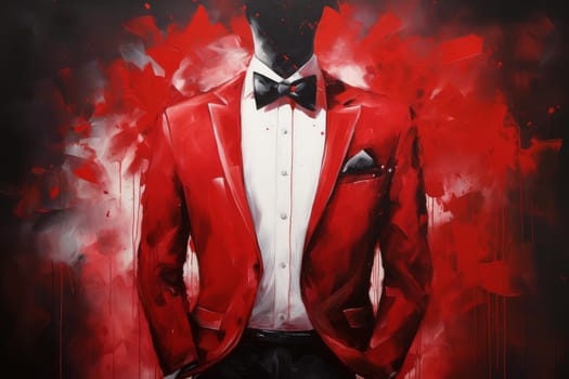 Man red tuxedo at morning shot. Stylish serious person. Generate Ai