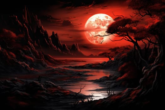 Red dead tree moon. Space light. Generate Ai