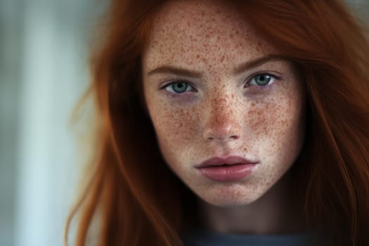 Girl freckles. Female hair smile. Generate Ai