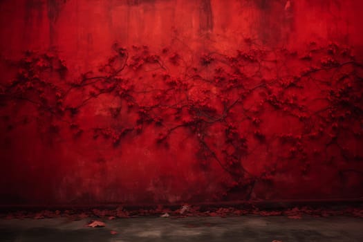 Red cracked spooky wall with wooden floor. Dark horror scary dirty art. Generate Ai