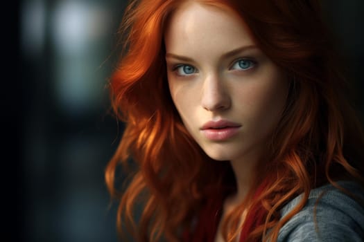 Hot redhead woman smile. Long hair. Generate Ai