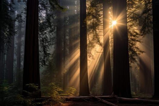 Redwood forest sunrays. Bark natural. Generate Ai