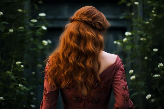Red hair woman stairs. Street photo. Generate Ai