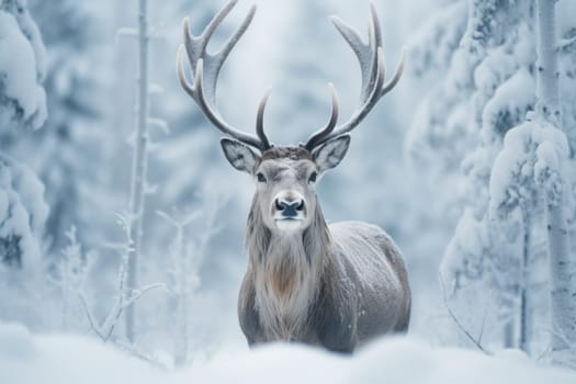 Reindeer winter forest snow. Deer head. Generate Ai