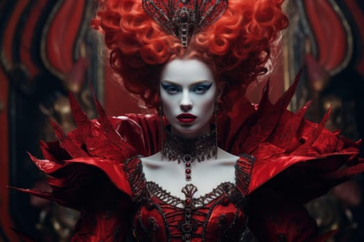 Red queen portrait. Royal female with bright red hair and fairy makeup. Generate ai