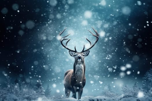 Reindeer snow flakes. Wild deer. Generate Ai