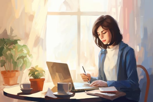 Remote worker cafe woman. Pay web. Generate Ai