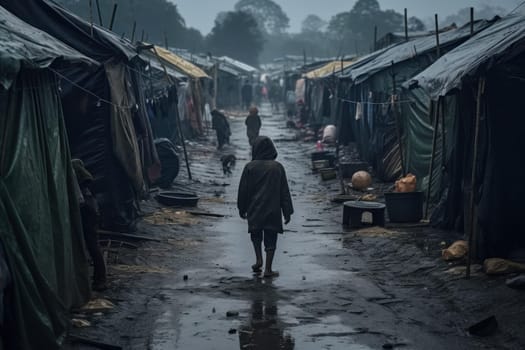 Refugee camp tents dirty. Poor border. Generate Ai
