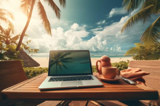 Remote worker cafe laptop. Pay webinar. Generate Ai