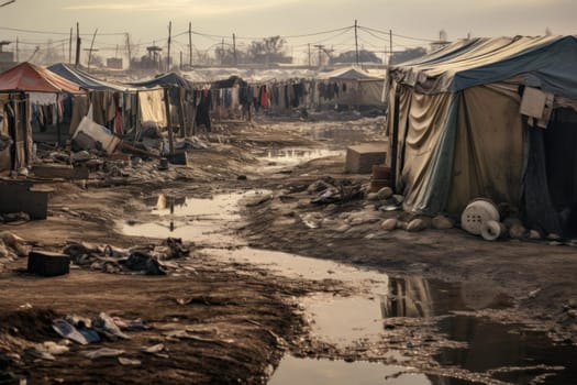 Refugee camp tents. War homeless. Generate Ai
