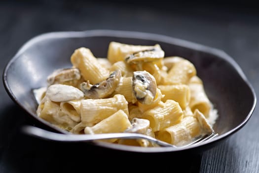 close up of plate of italian rigatoni pasta in mushroom cream sauce