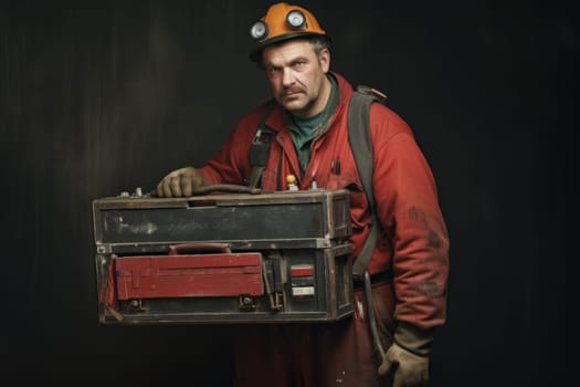 Repairman carrying toolbox. Technician worker with professional service equipment. Generate ai