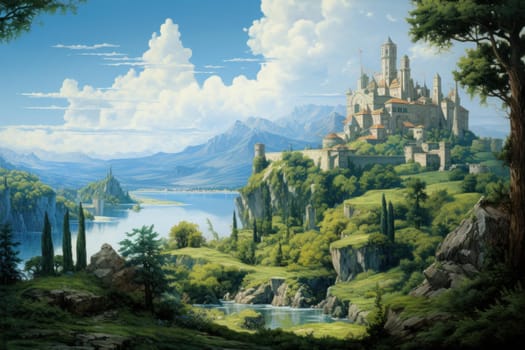 Landscape renaissance field. Nature view paint. Generate Ai