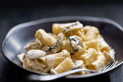 close up of plate of italian rigatoni pasta in mushroom cream sauce