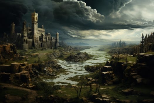 Landscape renaissance castle. Palace water. Generate Ai