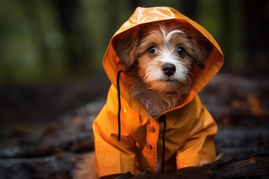 Rescuer raincoat dog. Smiley and adult human yellow costume holding animal. Generate AI