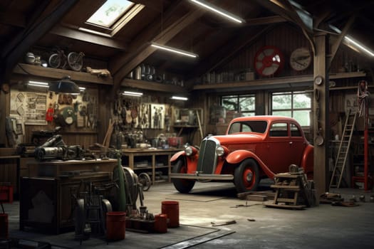 Repairing service garage of tires. Auto fix repair vehicle wheel. Generate Ai