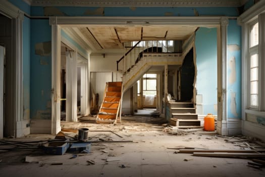 Renovation restoration refurbishment. Repair of storey buildings from scaffolding. Generate AI