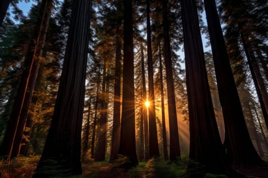 Redwood forest trees sun. Natural plant. Generate Ai