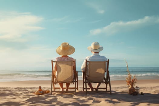Retire couple beach. Sunshine love. Generate Ai