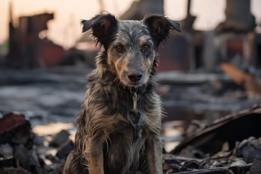 Affectionate Rescue dog. Ruin city street. Generate Ai