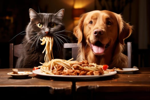 Retriever dogs and cat eating time. Domestic indoor pets with feeding bowls on table. Generate ai