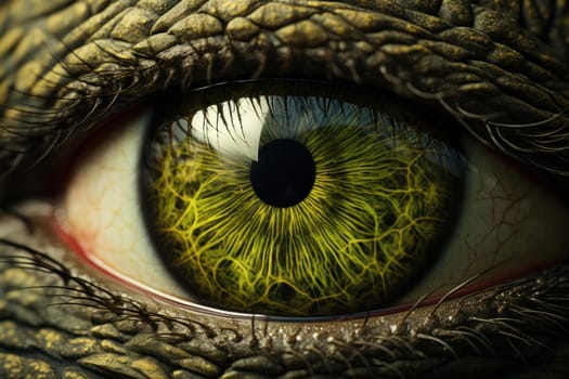 Reptilian eye closeup colorful. Dinosaur forest. Generate Ai