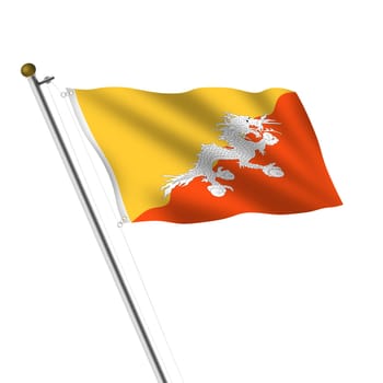A Bhutan Flagpole 3d illustration on white with clipping path yellow orange diagonal Druk Thander Dragon